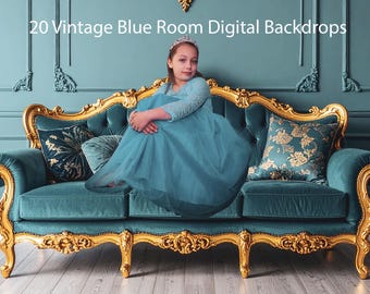 Fondo digital vintage de habitación azul, elegante fondo para fotografía de estudio, superposición de retrato, fotografía artística, descarga instantánea