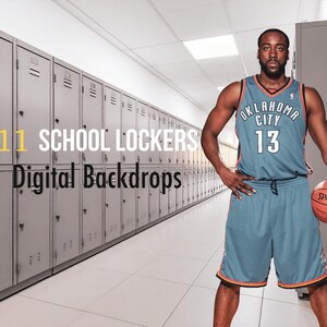 Pode incluir: Um jogador de basquete com uniforme azul do Oklahoma City Thunder segura uma bola Spalding. O fundo mostra uma fileira de armários cinzentos. Texto: "11 SCHOOL LOCKERS Digital Backdrops."