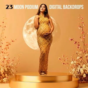 23 Podio minimalista con fondo digital de luna, fondo celestial moderno para estudio, fotografía artística, fondo de maternidad, descarga instantánea