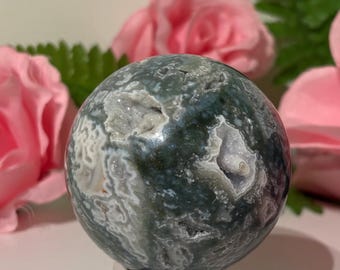 Natural Moss Agate Sphere with Sparkling Druzy Caverns, High Quality Moss Agate Crystal Sphere,Abundance,New Beginnings,Strong Healing,Large
