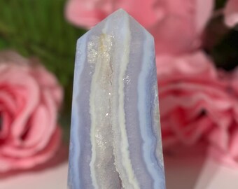 Blue Lace Agate Tower With Sparkling Druzy Caverns, Natural Blue Lace Agate, Blue Lace Agate, Communication,Calming, Confidence,High Quality