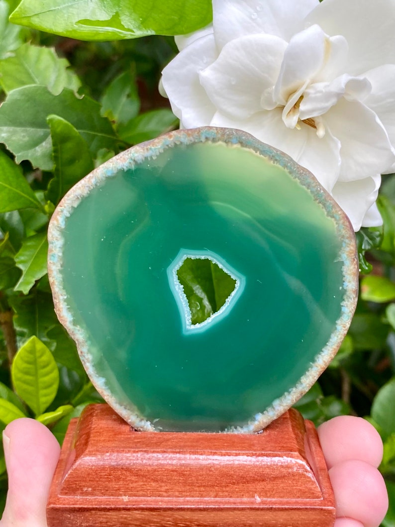 Green Agate Slice on Stand, Dyed Green Agate from Brazil, Green Agate Crystal,Cleansing,Success, Abundance,Harmony, Courage, Protection,Love image 4
