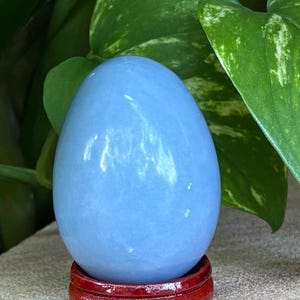 May include: A light blue Celestite egg on a red wooden stand. The egg is smooth and polished.