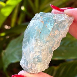 May include: A raw, natural fluorite crystal with a pale blue and clear color. The crystal has a rough, textured surface and is held against a blurred green background.
