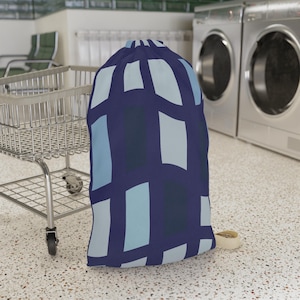 Geometric Scape Rectangles Navy Blue Laundry Bag, College Dorm Laundry Bag with Shoulder Strap, Stylish Drawstring Bag
