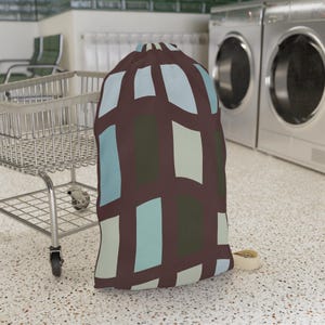 Geometric Scape Rectangles Brown Laundry Bag, College Dorm Laundry Bag with Shoulder Strap, Stylish Drawstring Bag