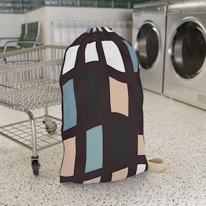 Geometric Scape Rectangles Dark Brown Purple Maroon Laundry Bag, College Dorm Laundry Bag with Shoulder Strap, Stylish Drawstring Bag