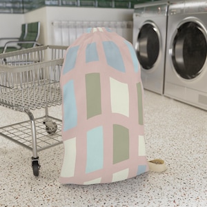 Geometric Scape Rectangles Blush Pink Laundry Bag, College Dorm Laundry Bag with Shoulder Strap, Stylish Drawstring Bag