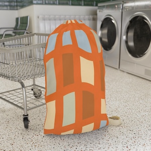 Geometric Scape Rectangles Orange Laundry Bag, College Dorm Laundry Bag with Shoulder Strap, Stylish Drawstring Bag