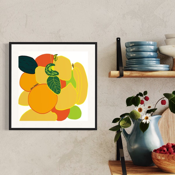 Back to Life, Fruit Wall Art, White, Fruit Illustration, Food Art, Kitchen Art, Printable Art, Orange, Banana, Pear, Avocado, Lemon, Lime