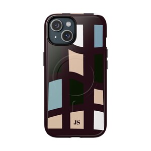 Personalized MagSafe Phone Case, Geometric Scape Rectangles Dark Brown Purple Maroon , Monogram Initials, iPhone 17 16 15 14 13 Pro Max