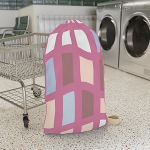 Geometric Scape Rectangles Pink Laundry Bag, College Dorm Laundry Bag with Shoulder Strap, Stylish Drawstring Bag