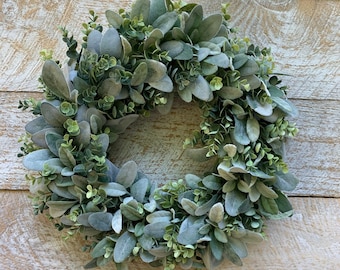 Year Round Lambs Ear Eucalyptus Wreath, Farmhouse Wreath, Lambs Ear Wreath for Front Door