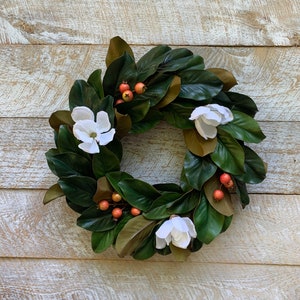 Farmhouse Magnolia Wreath with Orange Berries: Elegant Front Door Decor