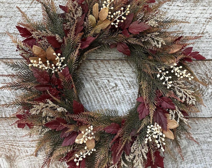 Rustic wreath for front door, everyday fern wreath, Burgundy wreath, cottagecore wreath, Woodsy Wreath, Farmhouse Wreath
