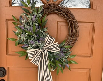 Rustic Farmhouse Lavender wreath with bow, Year round wreath for front door, boho wreath, housewarming gift, everyday wreath