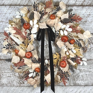 Neutral Fall Boho Wreath, Halloween wreath with pumpkins, black and orange wreath, fall wreath for front door