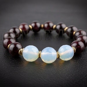 Big moon stone Red garnet Bead Bracelet for Men Women Chunky Red Garnet & Moon stone12mm bracelet, Unisex Bracelet Dark Red Garnet Bracelet