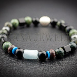 Healing Emotion Bracelet Natural Green Beaded Jasper Adjustable Bracelet Protective Men&#39;s Bracelet Aquamarine Black Tourmaline bracelet