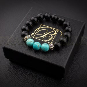 Black Tourmaline Bracelet,Turquoise bracelet Luxury class gemstone 12mm Beaded Gemstone Stretch Bracelet Mens Womens Unisex  Protection Gift