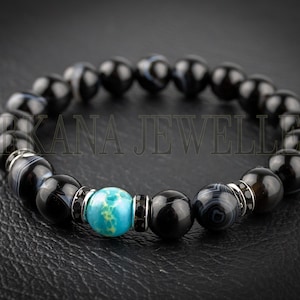 Pulsera para hombre, pulsera de turquesa, turquesa tibetana, pulsera Flaer para caballero, pulsera de cuentas para hombre, joyería de lujo para hombre, pulsera de ágata negra