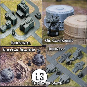 Può includere: Un collage di pezzi di terreno in miniatura per giochi da tavolo. L'immagine include edifici industriali, contenitori di petrolio, un reattore nucleare e strutture di raffineria. I pezzi sono principalmente grigi e beige, con alcuni accenti verdi e marroni. Il testo "INDUSTRIAL", "OIL CONTAINERS", "NUCLEAR REACTOR", "REFINERY" e "THE LAYER SMITH" sono visibili.