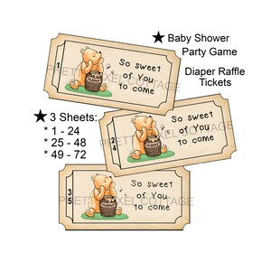Winnie the Pooh Babyparty, Windel-Verlosung, Winnie the Pooh, So Sweet of You to Come, nummerierte Tickets, 3 JPG, Tickets 1-72