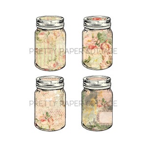 Mason Jars, Shabby Chic, Vintage Style, Roses, Tags, Journal Cards, Scrapbook, Ephemera
