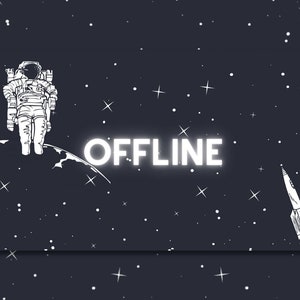 以下が含まれることがあります： 暗い青色の背景に白い星が散りばめられた、惑星の上に立っている宇宙飛行士の白黒のイラスト。白い文字で「OFFLINE」と書かれている。