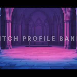 Può includere: Un'illustrazione digitale di un corridoio gotico con alte colonne e una luce rosa e blu che emana dal centro della stanza. Il testo "Twitch Profile Banner" è visualizzato al centro dell'immagine.