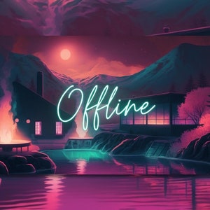 May include: A digital illustration of a neon sign that says "Offline" in front of a landscape with two houses, a pool, and a fire pit. The houses are modern and have large windows. The pool is surrounded by rocks and trees. The fire pit is burning brightly. The sky is a deep purple and the moon is full.