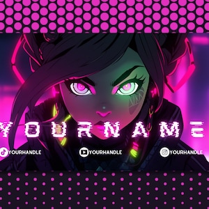 Custom twitch banner Cyberpunk Twitch Overlay Package - Anime Twitch Overlays - VTuber-friendly - Desktop Wallpaper - Pink Twitch Overlay