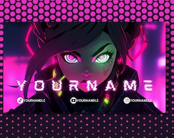Kundenspezifisches Twitch Banner Cyberpunk Twitch Overlay Paket - Anime Twitch Overlays - VTuber-freundlich - Desktop Hintergrund - Pinkes Twitch Overlay