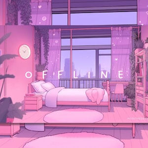 May include: A pink bedroom with a bed, a nightstand, and a bookshelf. The bed has white sheets and a pink blanket. The nightstand has a clock on it. The bookshelf is filled with plants and books. The text "OFFLINE" is written on the wall.