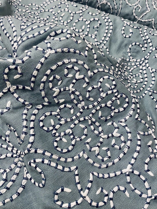 4 Yards of Blue Fabric With White and Navy Embroidered Design - Etsy UK