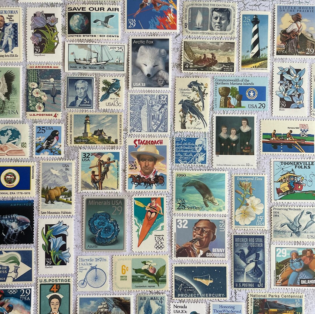 Unique Vintage Postage Stamps. Grab Bag of Ten (10) Blue