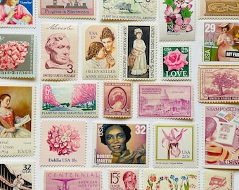 Unique Vintage Postage Stamps. Grab Bag of Ten (10) Pink Unused Vintage Stamps For Any Occasion.