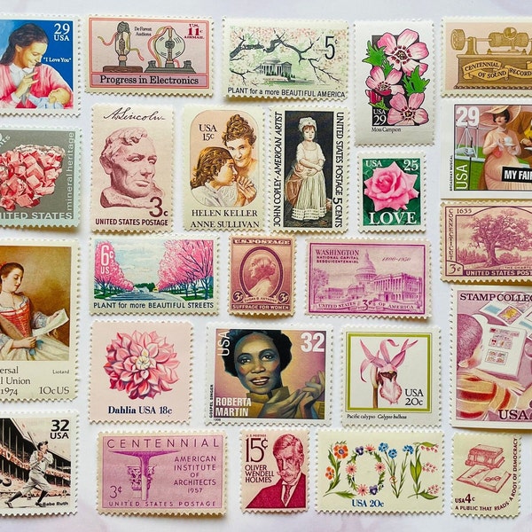 Unique Vintage Postage Stamps. Grab Bag of Ten (10) Pink Unused Vintage Stamps For Any Occasion.