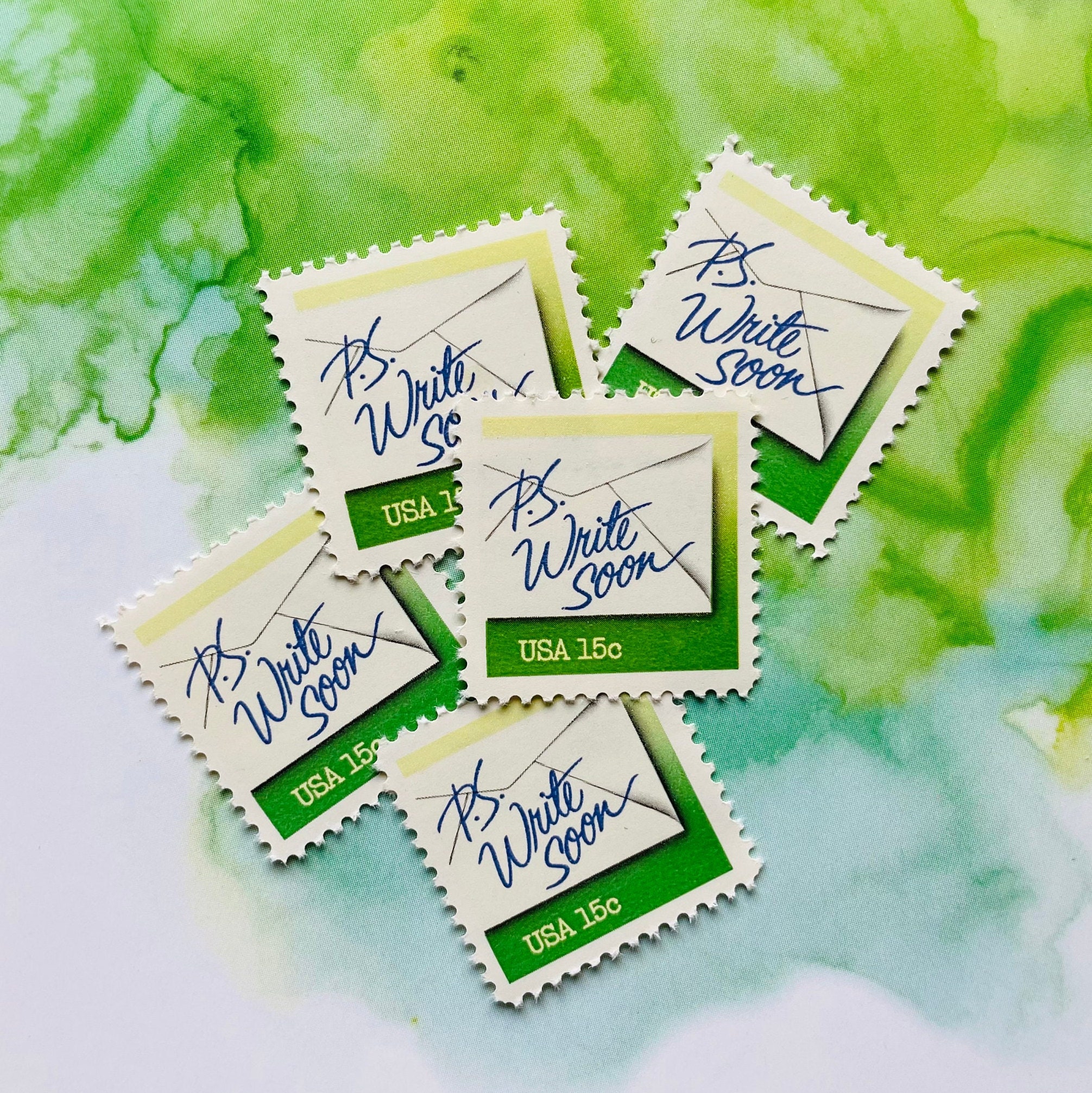 10 Vintage Postage Letter Writing Stamps Unused P.S. Write Soon Vintage 15  Cent Green Postage Stamps for Mailing