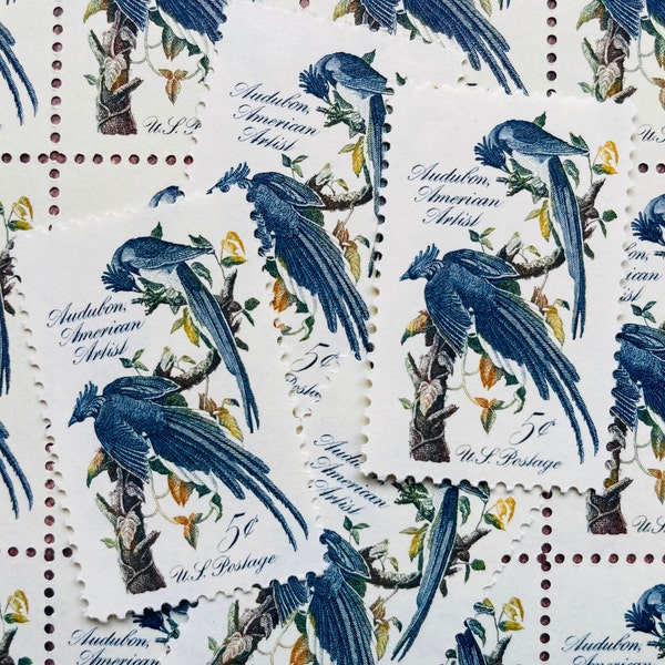 10 Audubon 5 Cent Vintage Postage Stamps. Columbia Jay, Blue Bird. John J. Audubon, American Artist. Wedding Postage. Unused MNH Stamps.