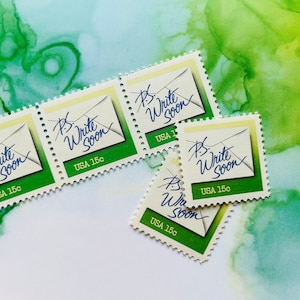 5 P.D. Escribe pronto. Sellos postales antiguos de 15 centavos. Redacción de cartas. Envíos postales. Franqueo de bodas. Sellos nuevos sin uso.