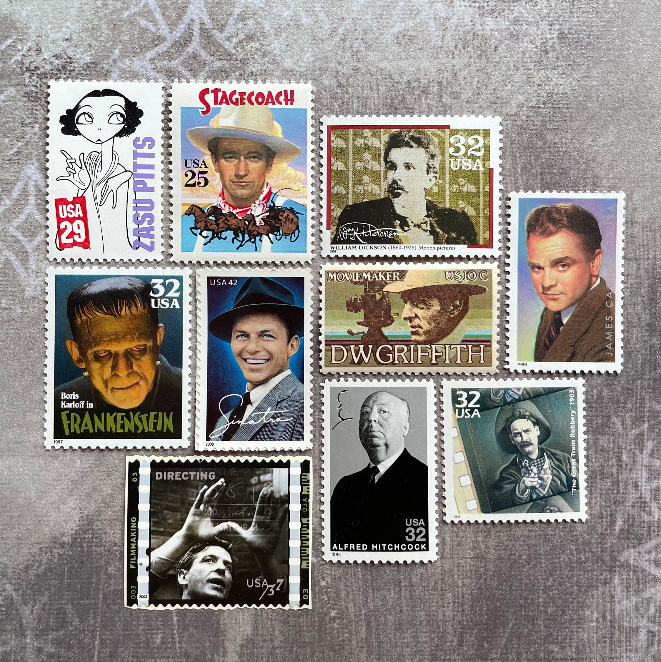 クラシック映画スターの切手 10 枚。MNH ハリウッドスターのランダムな