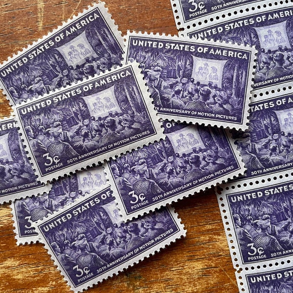 10 Motion Pictures 3 Cent Vintage Postage Stamps. Movies, Film, Cinema. Purple Postage. Postcrossing. Wedding Postage. Unused MNH Stamps.