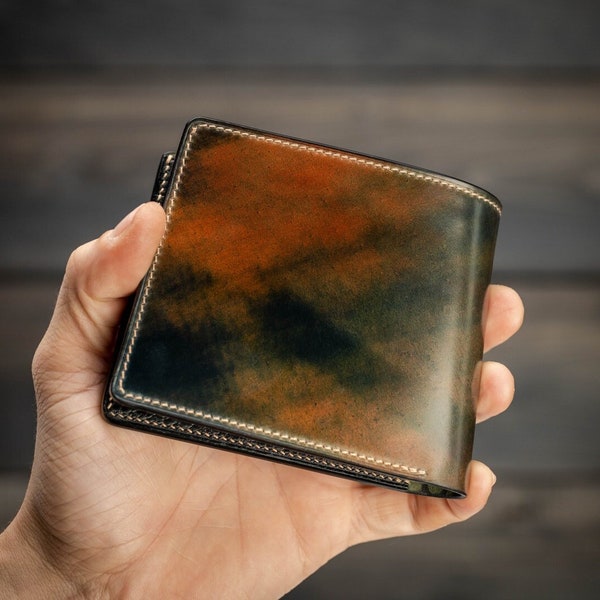 Premium Marbled Black Horween Shell Cordovan Leather Wallet - Handmade Wallet, Black Dallaro Pockets, Handstitched, RFID Blocking