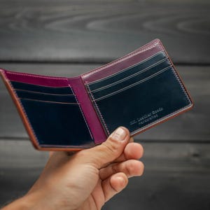 Premium Full Horween Shell Cordovan Leather Wallet - Handmade Bifold, Navy & Ultra Violet (Vary Rare) - Handstitched