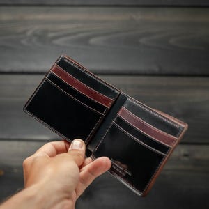 Cartera de piel cordovana premium con concha Horween - Hecha a mano, plegable, color negro y jaspeado 8 (muy rara) - Cosida a mano