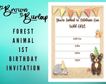 Wild One First Birthday Party Invitation: Brown Burlap, Forest Animals, Printable, Customizable