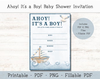 Printable Baby Shower Invitation - Blue, Ahoy, It's a Boy, Fillable, Customizable, Nautical Baby Shower