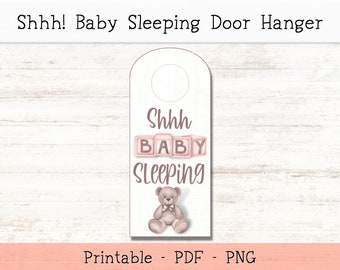 Baby Sleeping Door Hanger Signs--Shhh Baby Sleeping, Instant Download, Pink BABY blocks and Teddy Bear