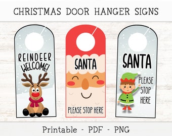 Christmas Door Hanger Signs--Please Stop Here, Instant Download, Santa, Reindeer, or Elf version